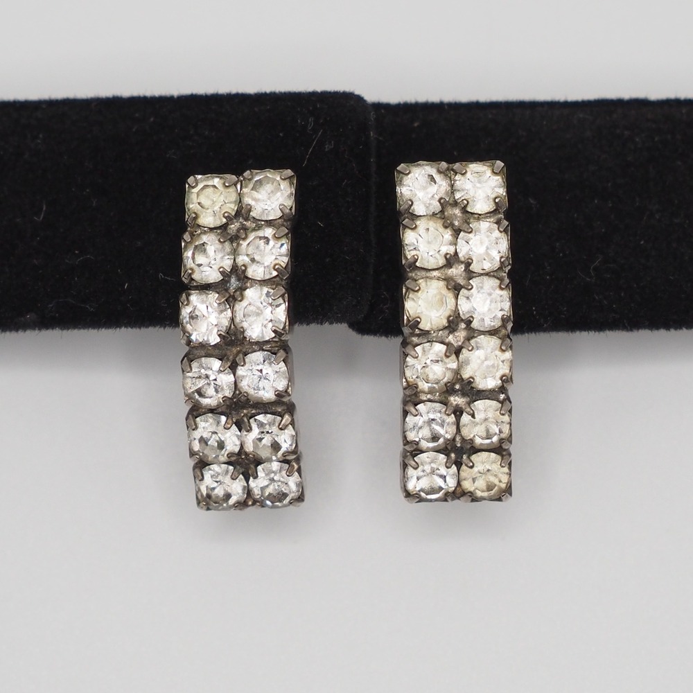 Vintage Double Row Rhinestone Earrings Silver Tone Rectangular Drop Dangle Glam